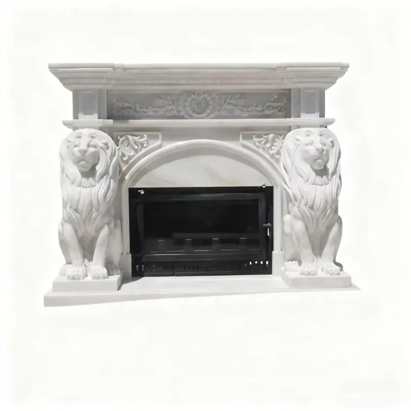 Luxurious Freestanding Indoor Wood Fireplace Natural Stone White Marble Modern Design Lions Carved Surroundings Dining Living