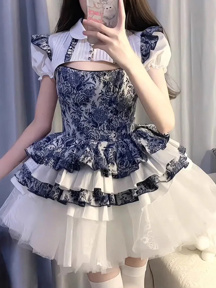 Lolita Skirt Retro Blooming Printing Heavy Industry Design Sense Waistcoat Straps Tulle Pettiskirt Season  Dress