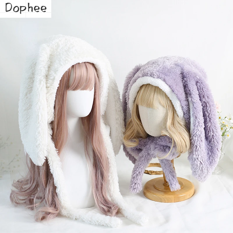 

Dophee Original Hanging Ear Rabbit Warm Hats Lolita Cute Long Bunny Ears Plush Lei Feng Hat Autumn Winter Blends Cashmere Caps