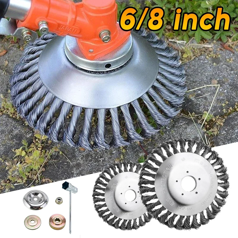 Upgrade 6/8 Inch Weed Brush Cutter Head Lawn Mower Universal Grass Trimmer Head Steel Wire Wheel Brush Disc Garden Trimmer Heads