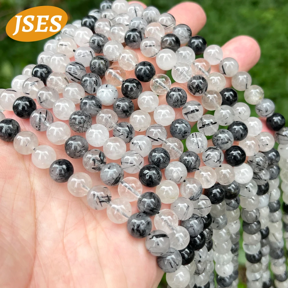 JSES AA Natural Black Rutilated Quartz Crystal Round Loose Space Beads for Jewelry Making 6/8/10mm Bracelet Necklace Stone Beads