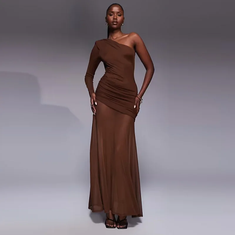 Maßgeschneidertes, schulterfreies, langärmliges, sexy Abendkleid für Damen, modisches, rückenfreies, figurbetontes Abendkleid aus Mesh