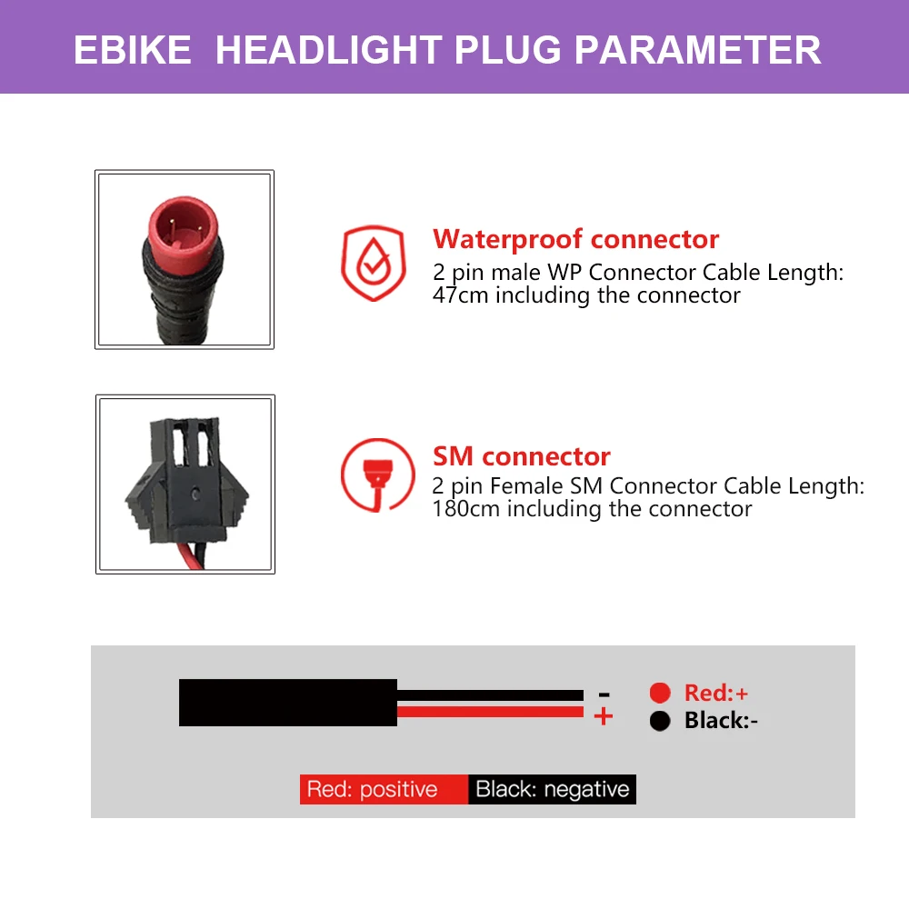 eBike Light Electric Bicycle Headlight TailLight 12V-60V 2Pin SM Waterproof Plug Bike Accessories Cycling