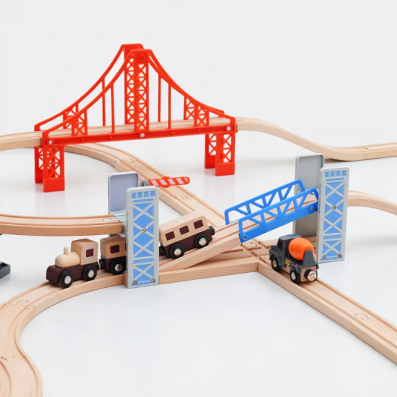 New Wooden Train Tracks Scene Accessories Mountain Tunnel Bridge Crane Tower Compatible ALL Brand Wooden Track Toys For Kids