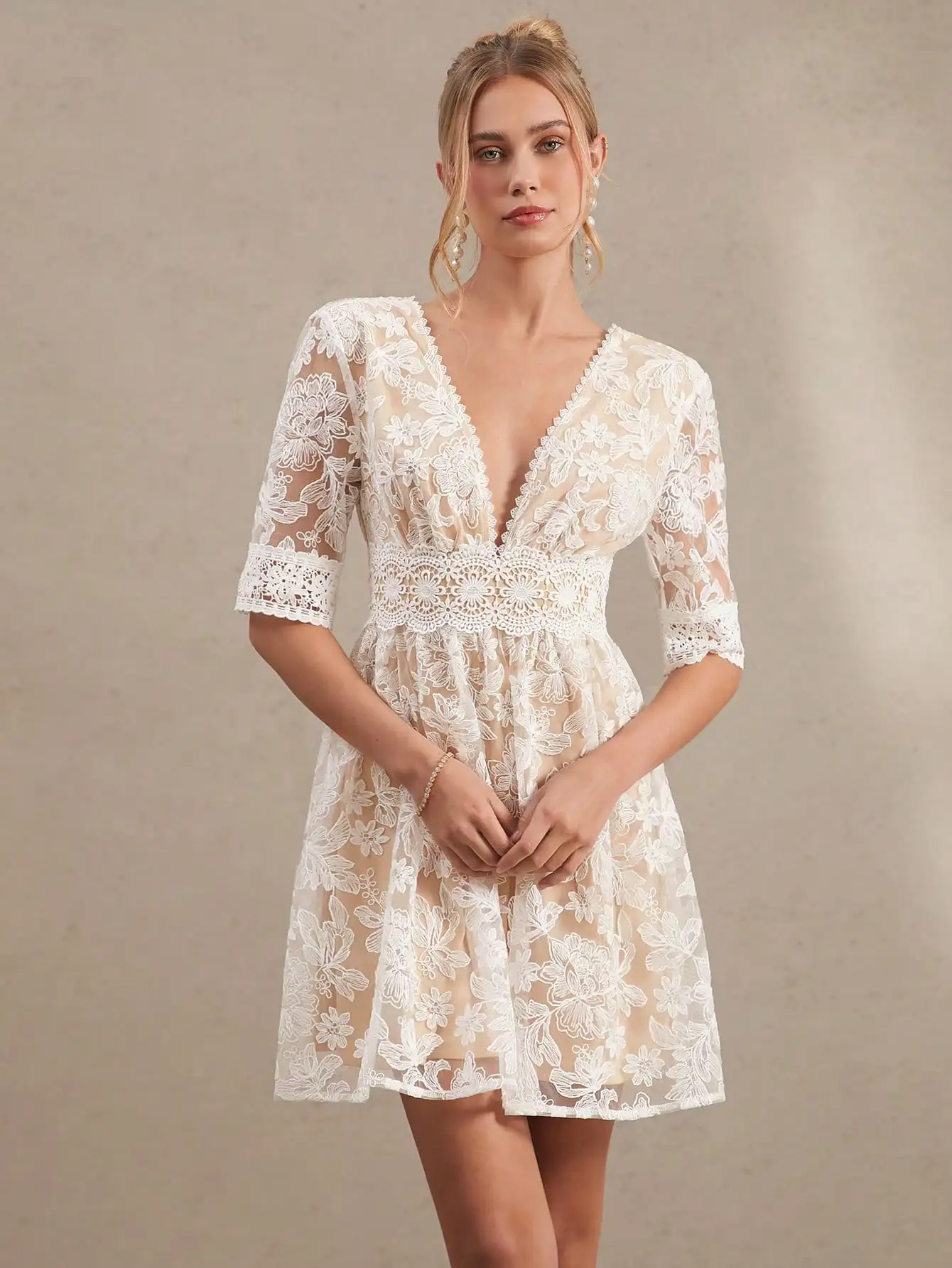 Elegant V-Neck Floral Lace A-Line Mini Dress For Women Summer Wedding Guest