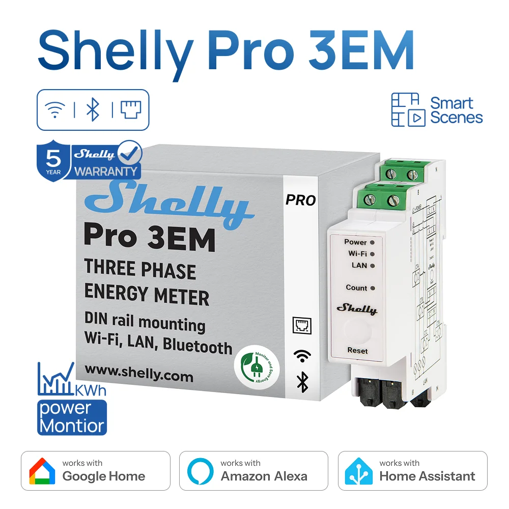 Shelly Pro 3EM 120A Lan Din Rail Mountable Three Phase WiFi Energy Meter With Power Monitoring MQTT Inbound  Outbound WebSocket