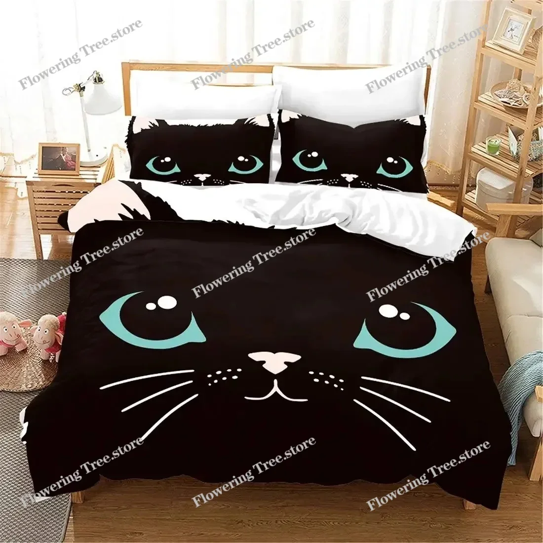 

3D Kids Cats Bedding Set Twin Size Green Cartoon Cats Bedding Set for Kids Boys Girls Animal Theme Cute Kitten Pattern