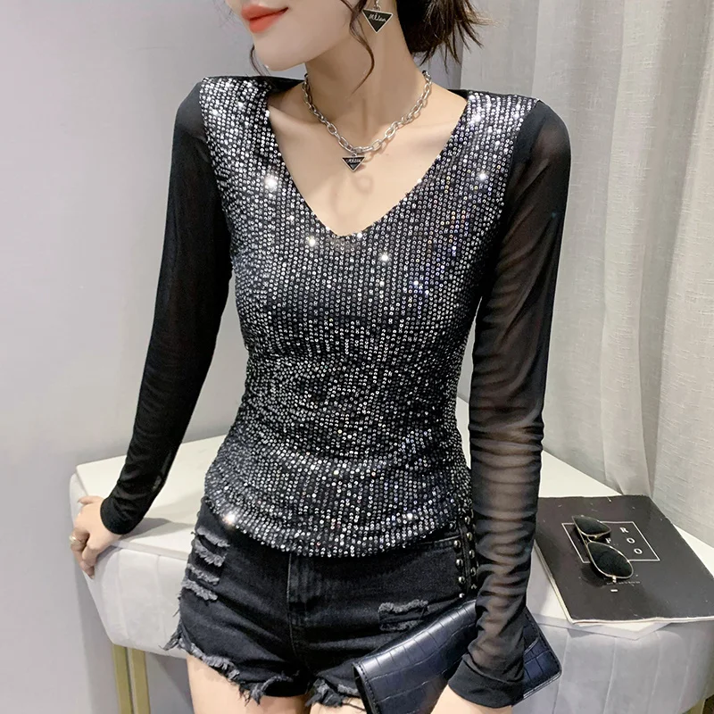 #7962 Spring Autumn Short Streetwear T Shirt Women Spliced Mesh Long Sleeve V Neck Sexy Club Tops Thin Sequins T Shirt Women 