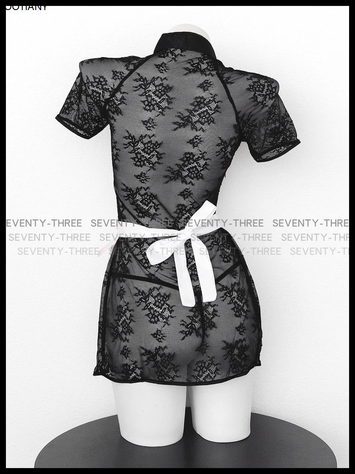 Abito tradizionale cinese Qipao sexy Lingerie erotica Gonna cheongsam in pizzo Set Pigiama fasciato Costumi sessuali per donna Nero Bianco