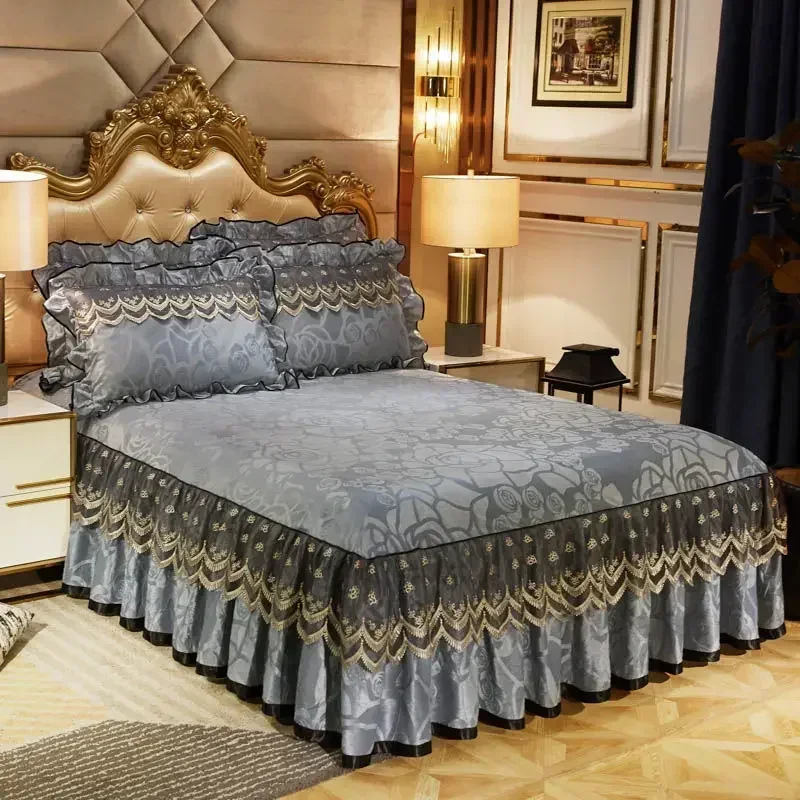 3 Pcs Bedding Set Luxury Soft Bed Spreads Heightened Bed Skirt Adjustable Linen Sheets Queen King Size Cover with Pillowcases