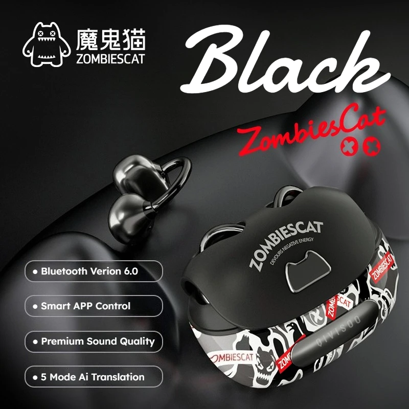 Zombies Cat B23 Graffiti-Design Bluetooth 6.0 OWS Ohrclip-Ohrhörer KI-Übersetzungs-Kopfhörer TWS Kabellose Ohrhörer mit Smart-App