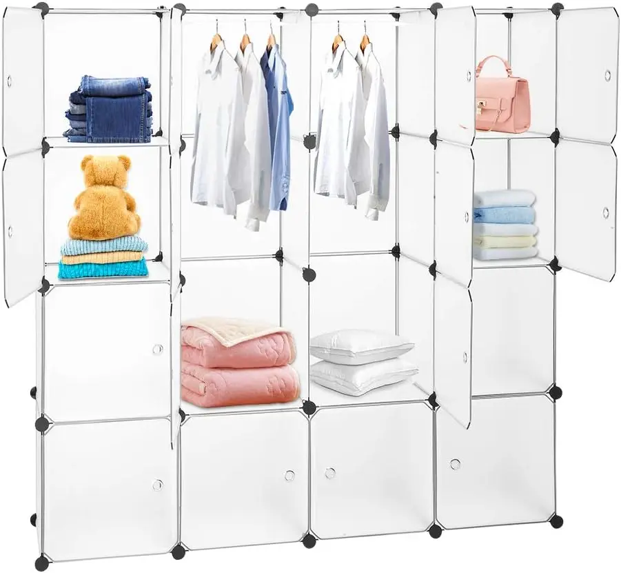 

Cube Organizer, 16-Cube Plastic Closet Cabinet, DIY Plastic Modular Book Unit, Cube Shelves with Doors and 2 Hanging Rods - Tr