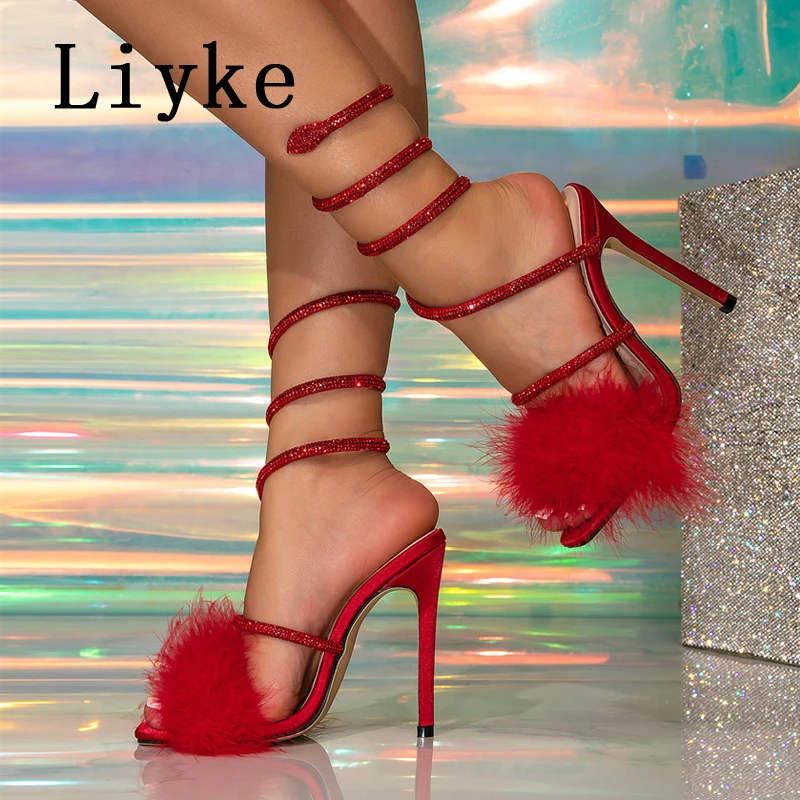 Liyke Fashion Furry Feathers Square Toe Rhinestone Ankle Snake Twine Around Strap Sandals Women Red High Heels Party Prom Shoes