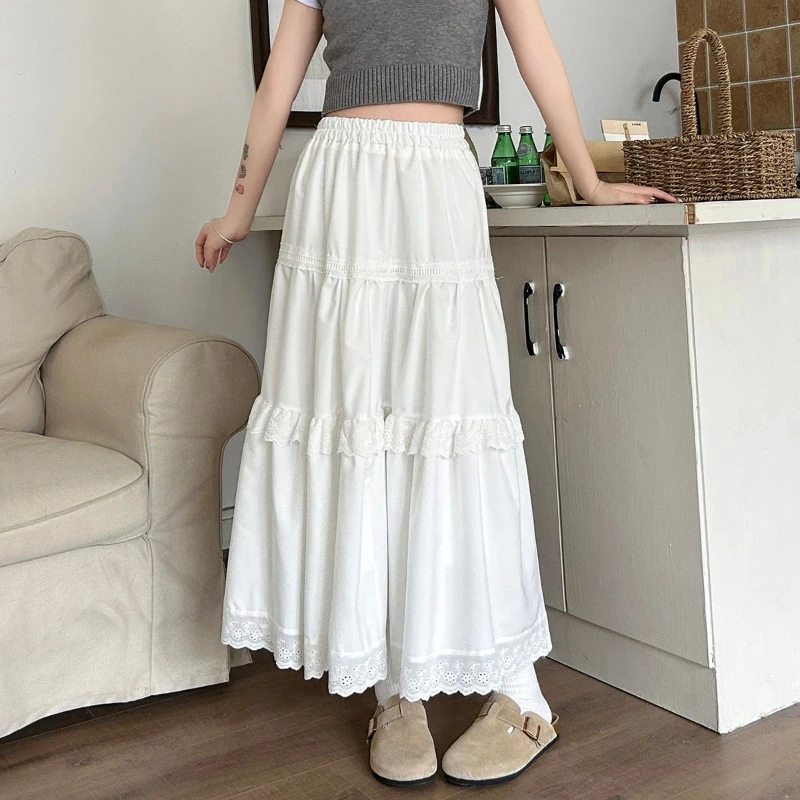 Deeptown Witte Lange Rok Vrouwen Elegante Ruche Koreaanse Stijl Kanten Midi Rok Sweet Kawaii Hoge Taille Casual Effen A-Line Rokken