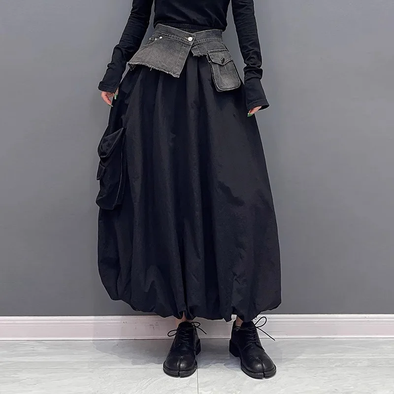 Women Spliced Denim Utility Skirts Ankle Lenth Bud Skirt A Line High Waist Pockets Loose Office Lady Casual 2025 Spring Autumn