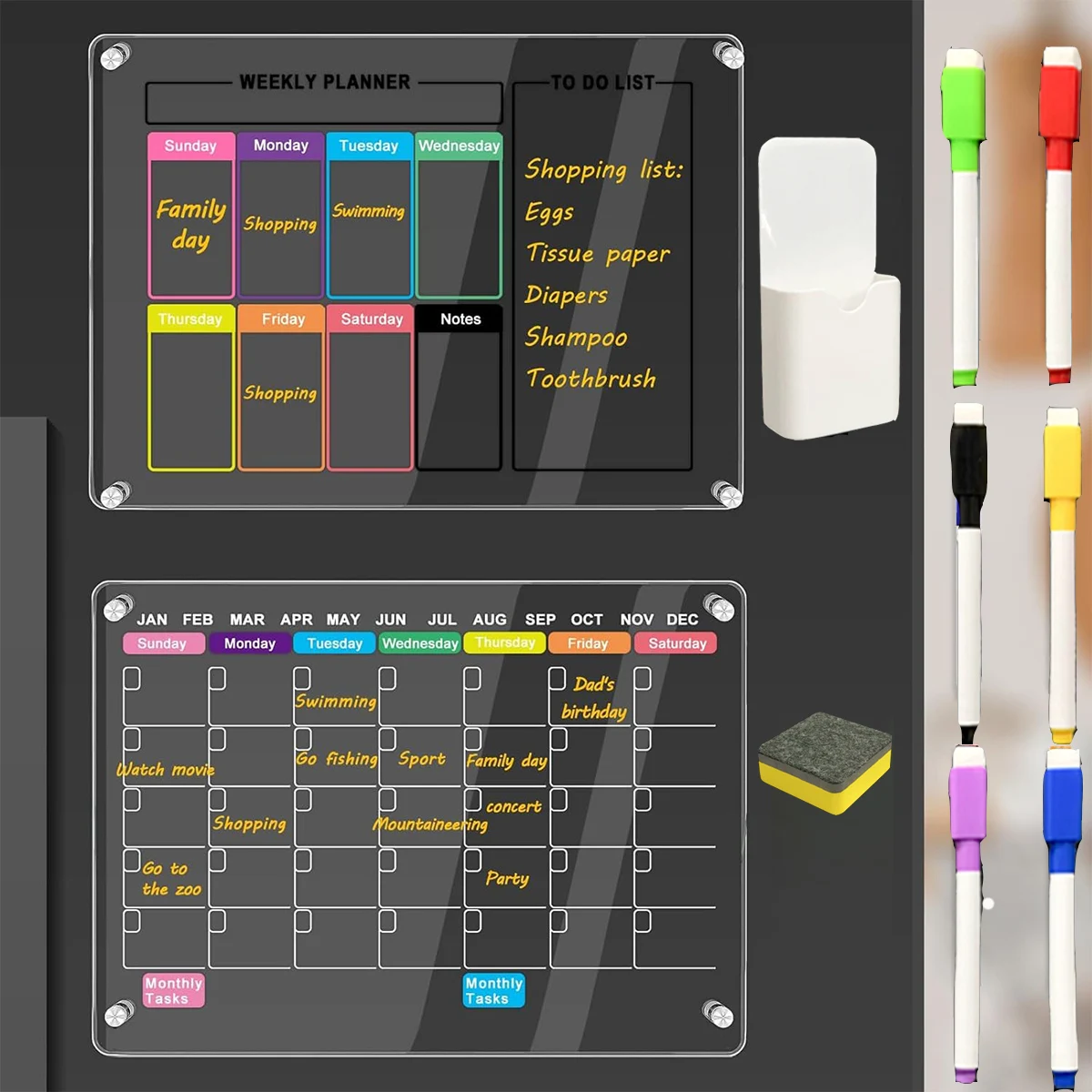 2 Pack Acrylic Magnetic Calendar for Fridge, Clear Dry Erase Board Reusable Planning Set, Includes 6Colorful Markers,Magnetic Pe