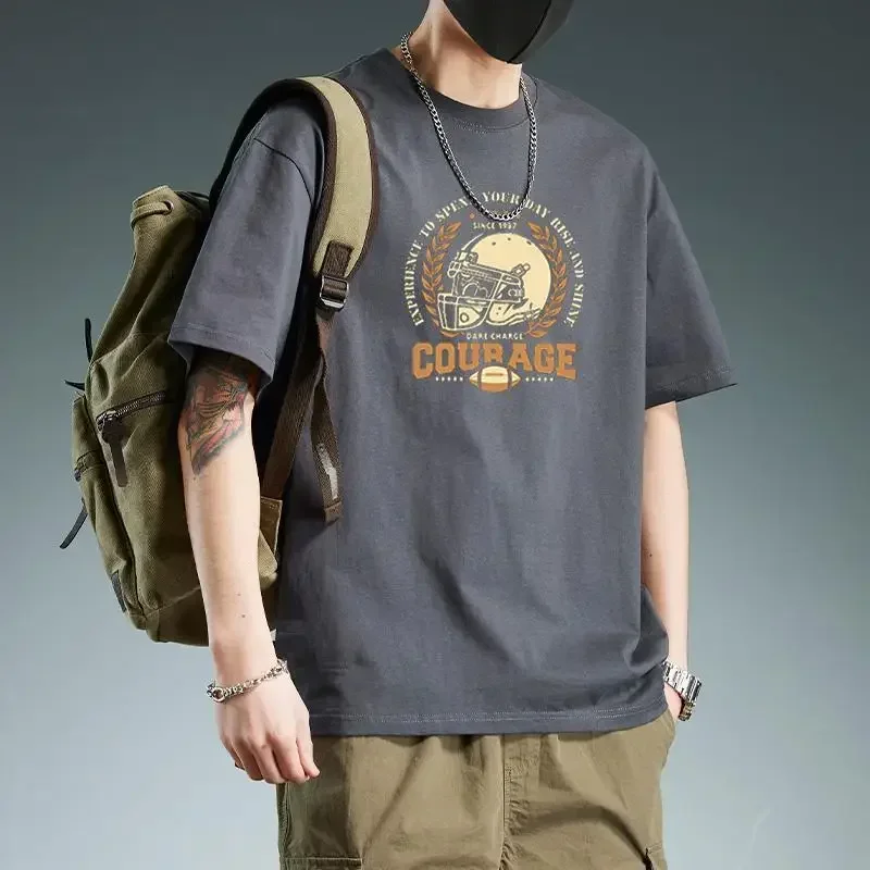 Cotton Heavy Duty Short Sleeve T-shirts Men's Half Sleeve O-neck Plus Size Printed Loose Casual Trendy T-shirts Male Cothes Tops