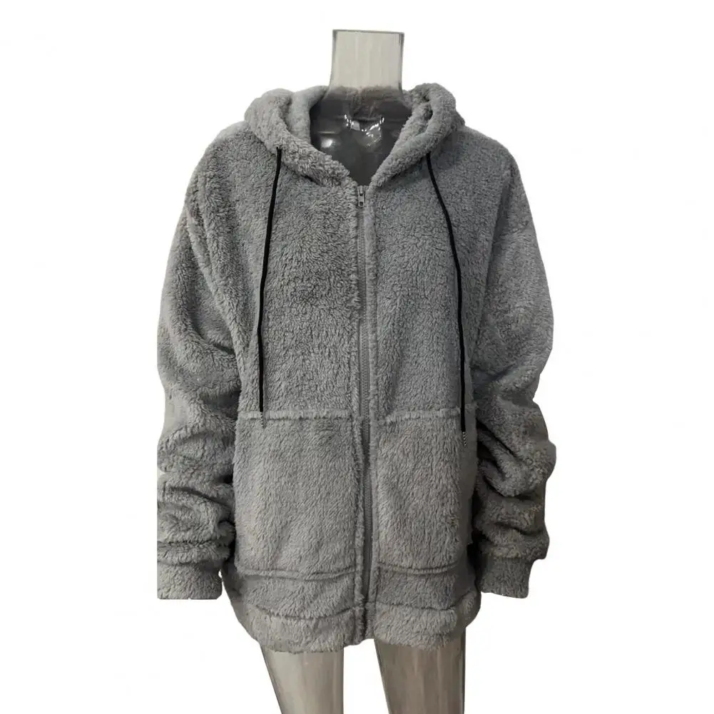 Winter Outdoor Coat Men's Winter Hooded Sweater with Zip-up Drawstring Pockets Thick Plush Solid Color Cardigan for Outdoor