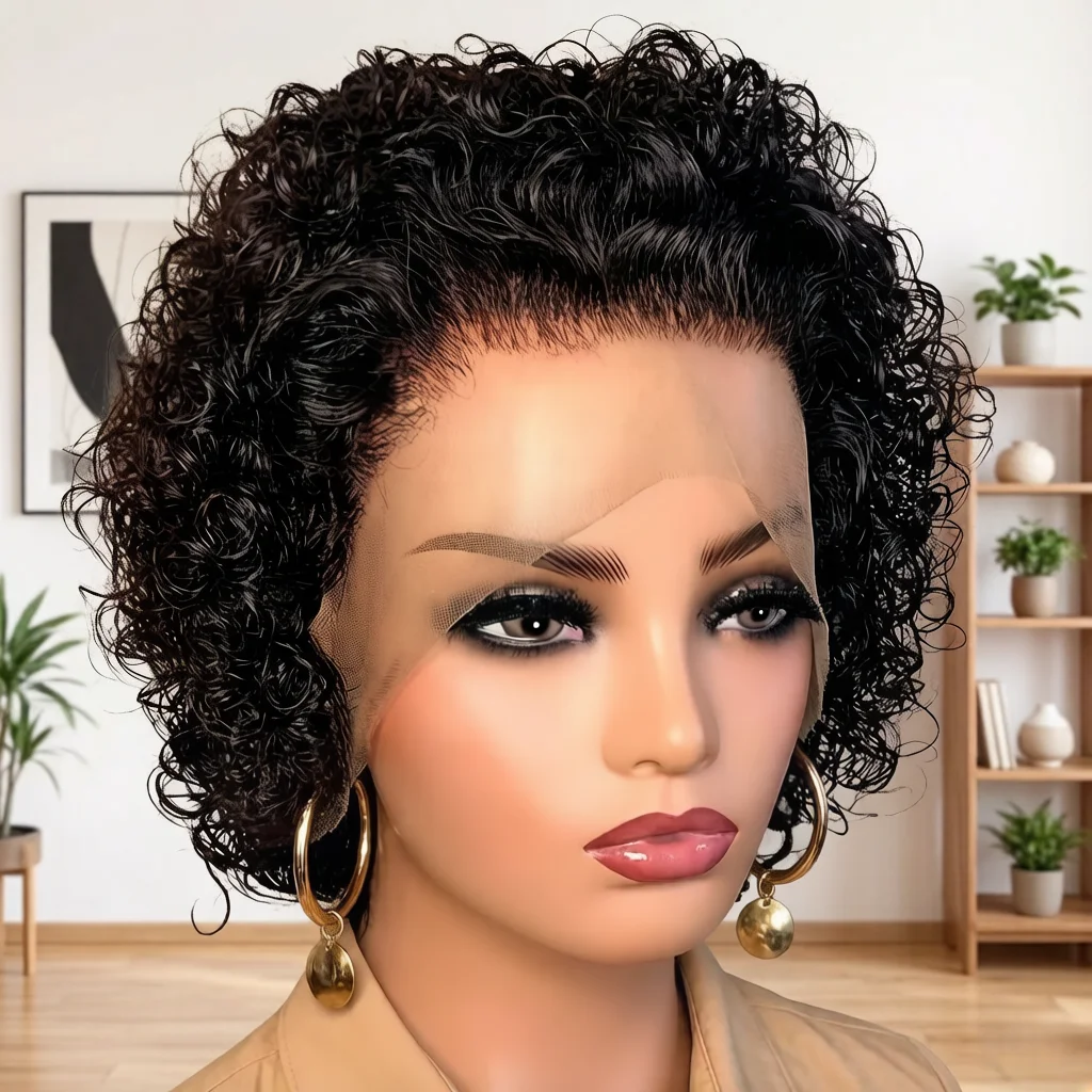 

Human Hair Short Curly Wig, 13x1 Lace Front Wig 180% Density, Natural Black Curly Human Hair Wig, Pre-Plucked Hairline Wig