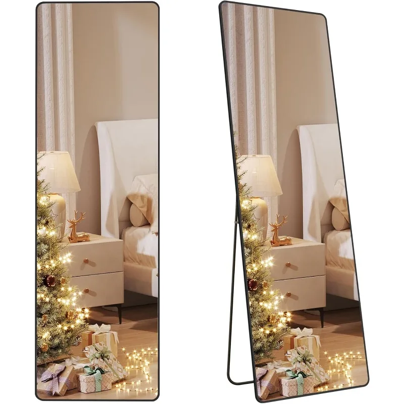 Full Length Mirror, 63 x 20 Inches, Rectangle Full Body Mirror with Stand, Aluminum Alloy Frame Floor Mirror, Tempered Glass