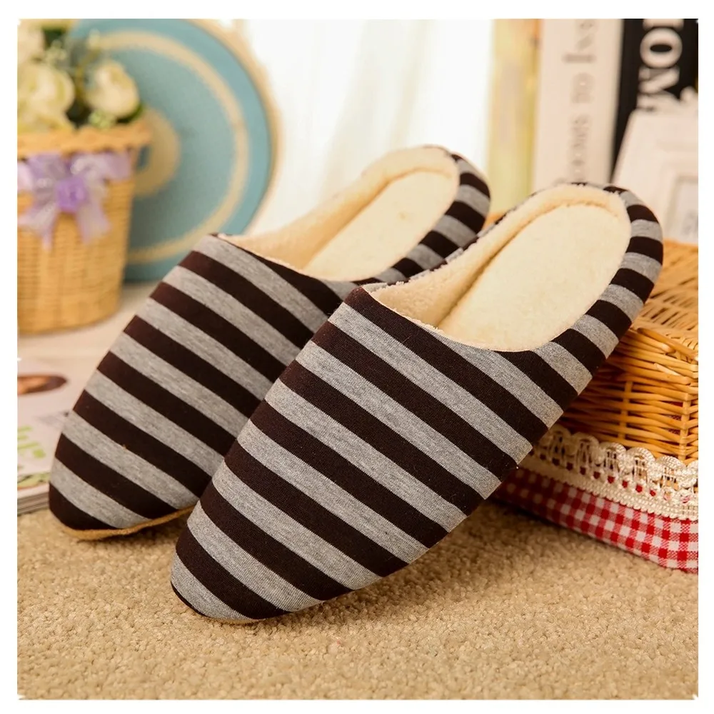 Women House Shoes 2023 Soft Striped Indoor Mute Cotton Slippers Non-Slip Slippers Warm Plush Unisex Comfort Home Floor Slipper