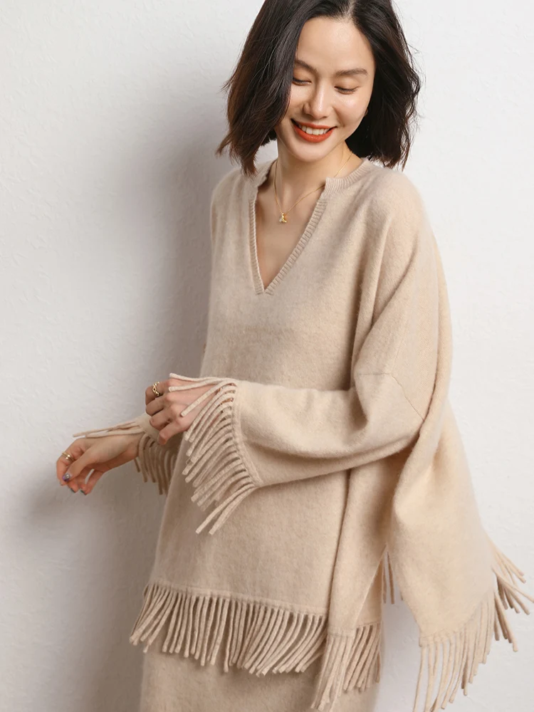 

TLOML Women 100% Cashmere Knitwear Sweater V-neck Tassel Pullover Autumn Winter Soft Loose Lazy High Quality Luxury Fashion Tops