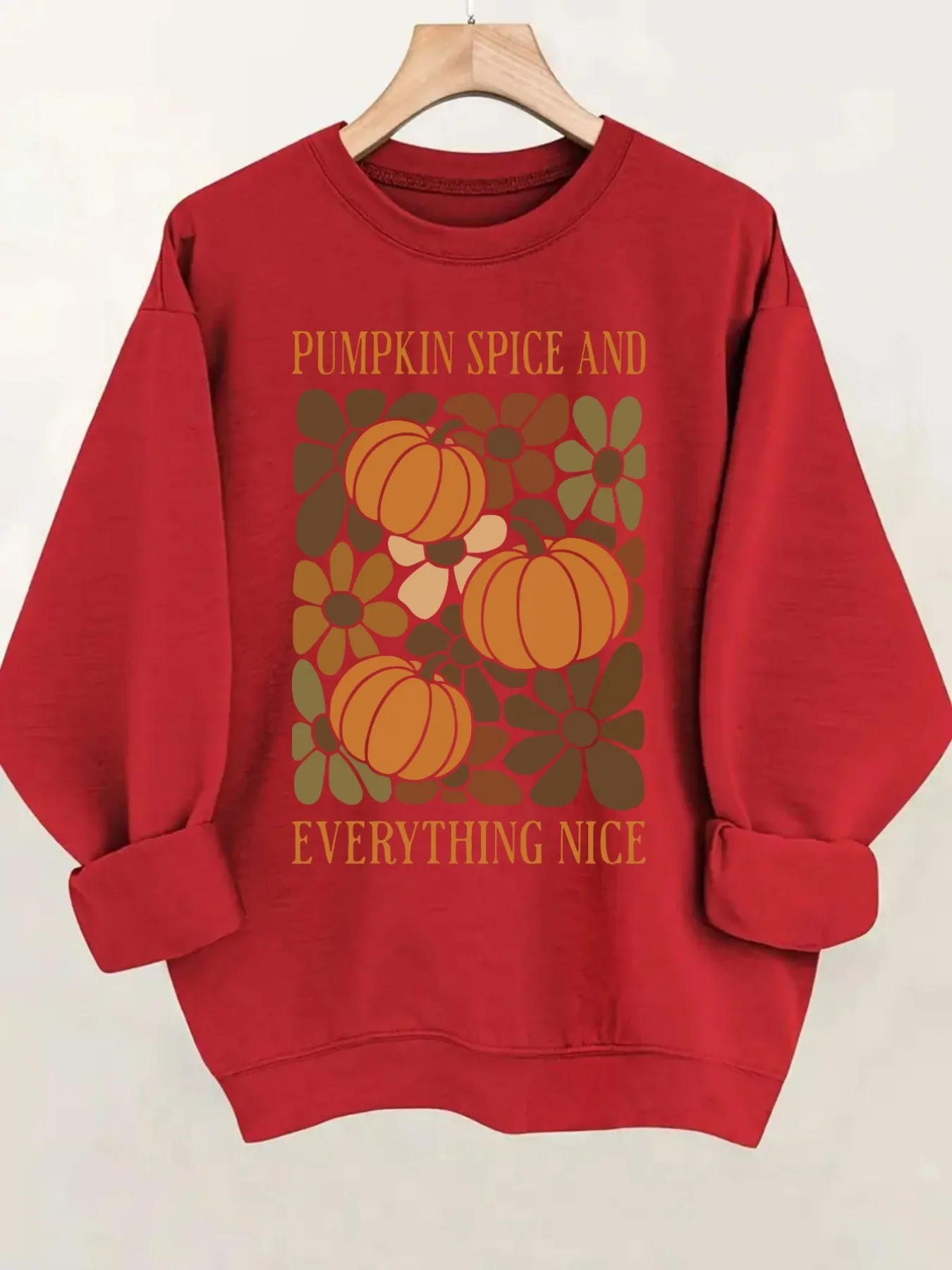 Women's Crew Neck Pullover Sweatshirt Pumpkin Spice Floral Design, Soft Casual Long Sleeve, Daily Casual Top Outfit, Winter Women's Clothing, Thanksgiving Outfit view 5