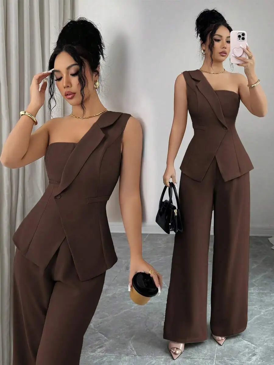 

Brown Satin Asymmetrical Blazer Top And Wide Leg Pants Set Business Casual Office Wear