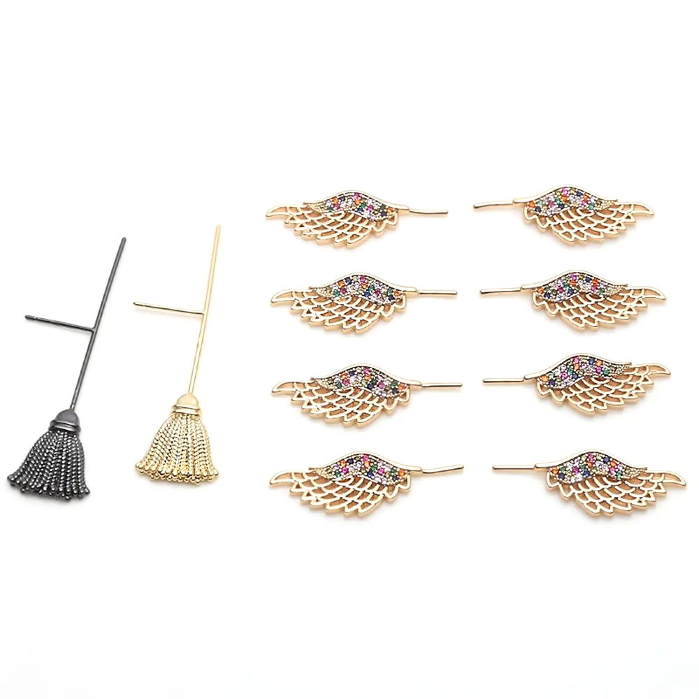 Copper Plated with Genuine Gold Inlaid Zircon Angel Wings Witch Broom Pin DIY Makes Fashionable Jewelry Baroque Doll Accessory