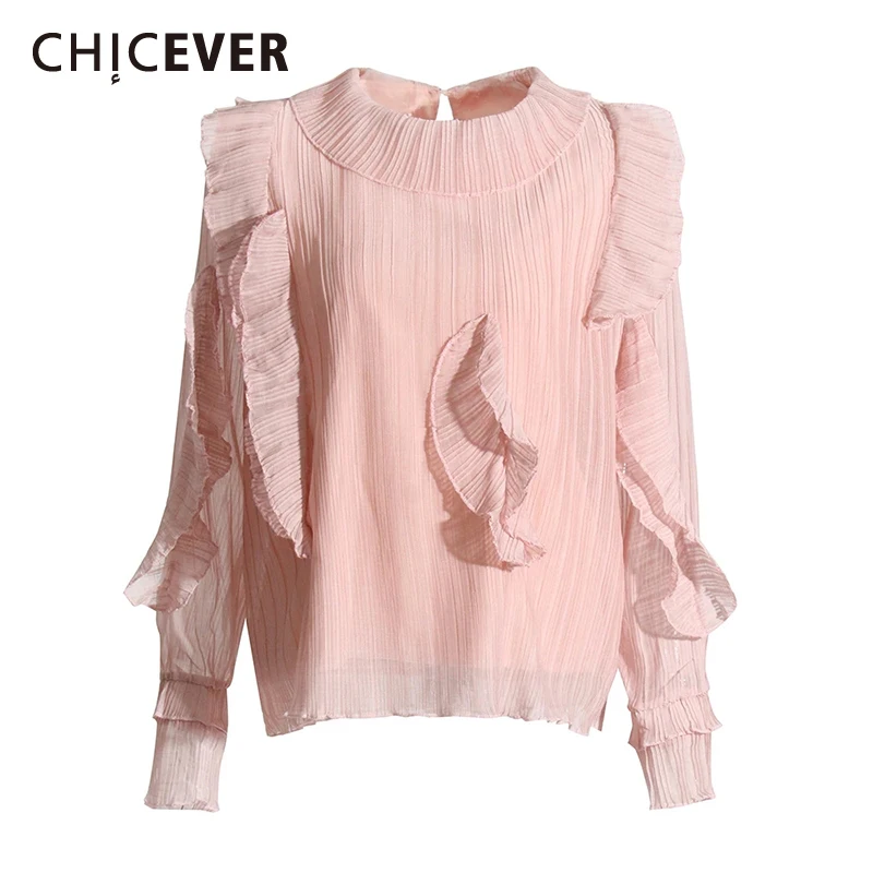 

CHICEVER Patchwork Ruffle Shirts For Women Stand Collar Long Sleeve Pullover Loose Casual Blouse Female Fashion New Popular New