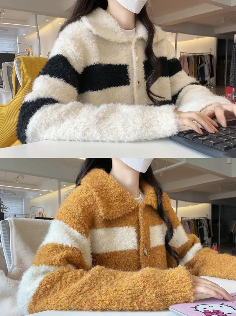 

Korean Sle Striped Knitted Sweater Women's Thi Warm Lazy Sle Single Button Cardigan Top for Autumn Winter Commute