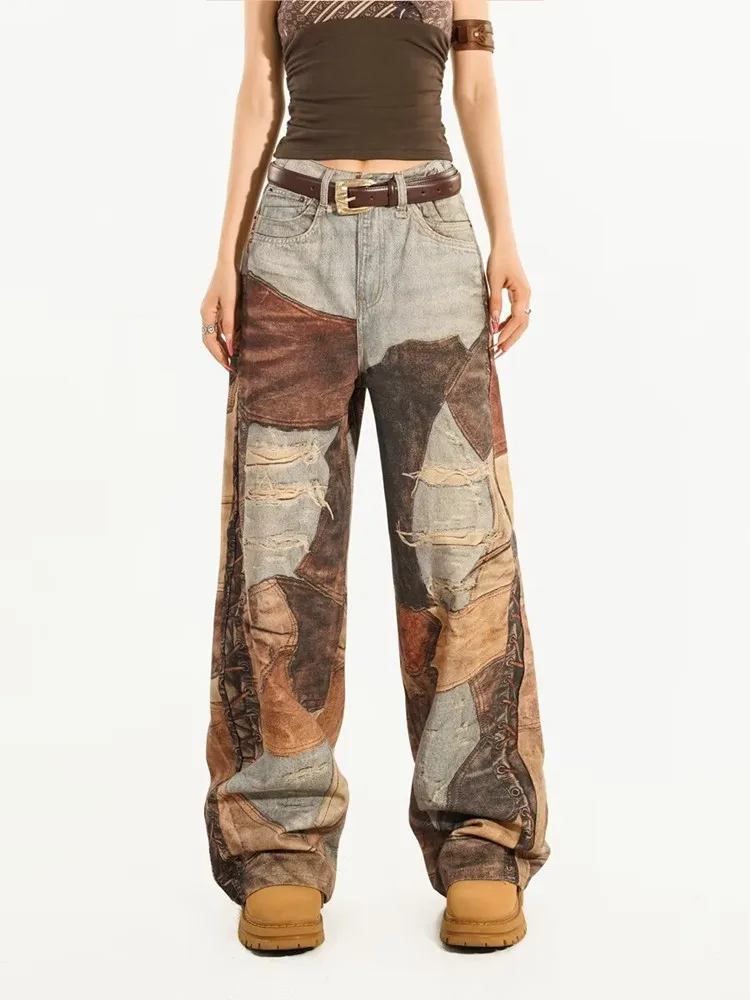 

2025 Cyber Y2K Streetwear 3D Printed Vintage Baggy Stacked Jeans Pants For Women Clothing Wide Leg Lady Trousers Pantalon Femme