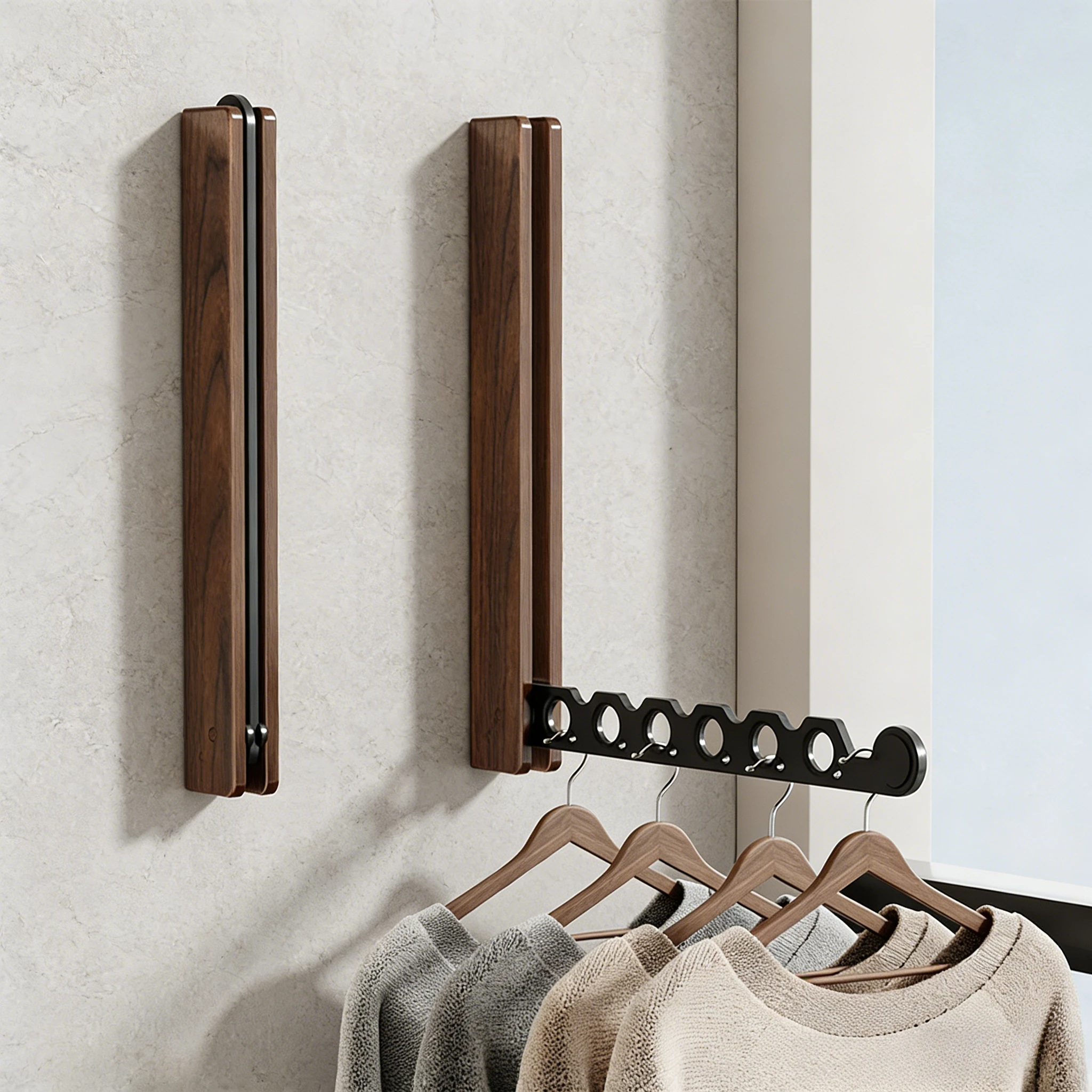 Wood Folding Hidden Clothes Drying Rack, Balcony Home Wall-Mounted Drying Rod, Indoor Clothes Hanger, for Efficient Space Saving