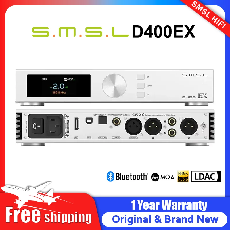 

SMSL D400EX Audio Decoder DAC 1*AK4191 2*AK4499EX DAC Chips OPA1612A LME49720 XMOS XU316 MQA-CD DSD512 32bit/768kHz Blutetooth