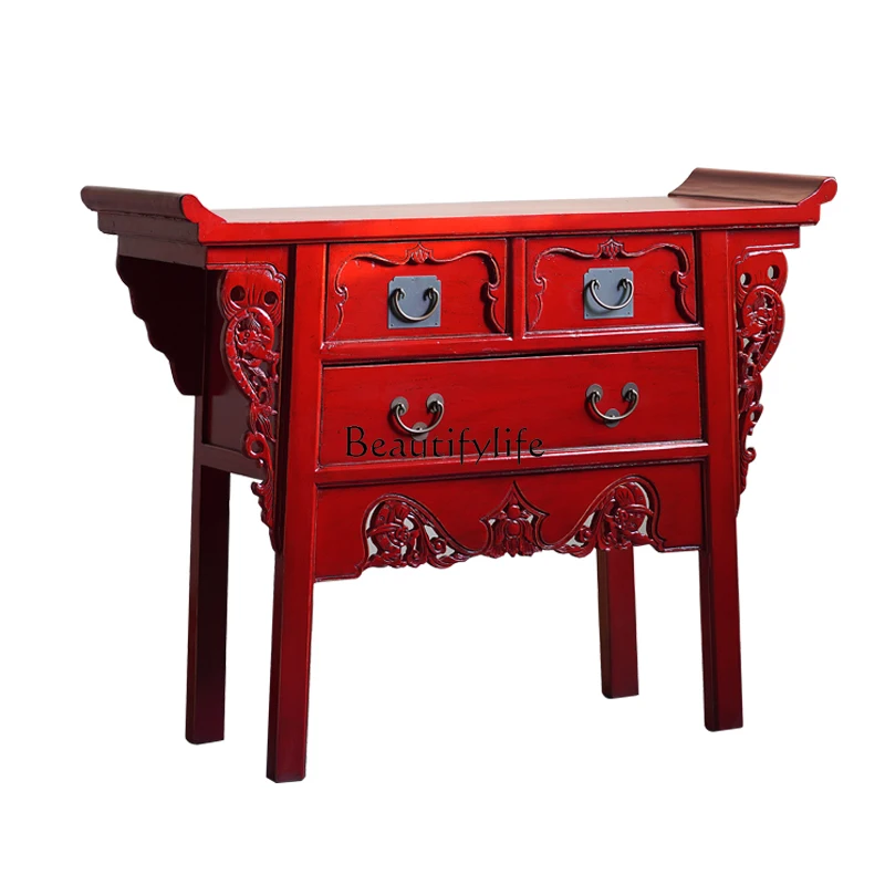 

Chinese-style painted solid wood foyer entrance cabinet China red retro strip case supply cabinet