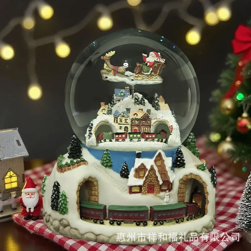 Rotating Crystal Snow Globe with Santa Claus and Elk Double Train Carriage Musical Box Christmas Decoration Birthday Gift for