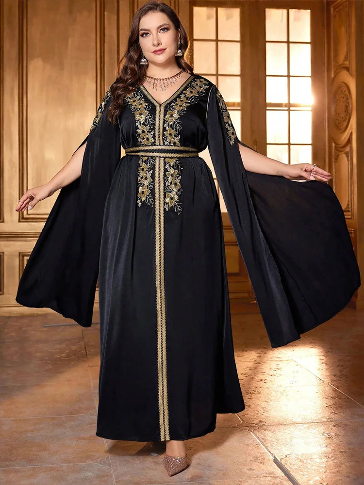 Moroccan A-line Evening Dresses Party Kaftan Dress Luxury Black Embroidery V-neck Plus Size Gown Robe Muslim Chiffon Dress 2024