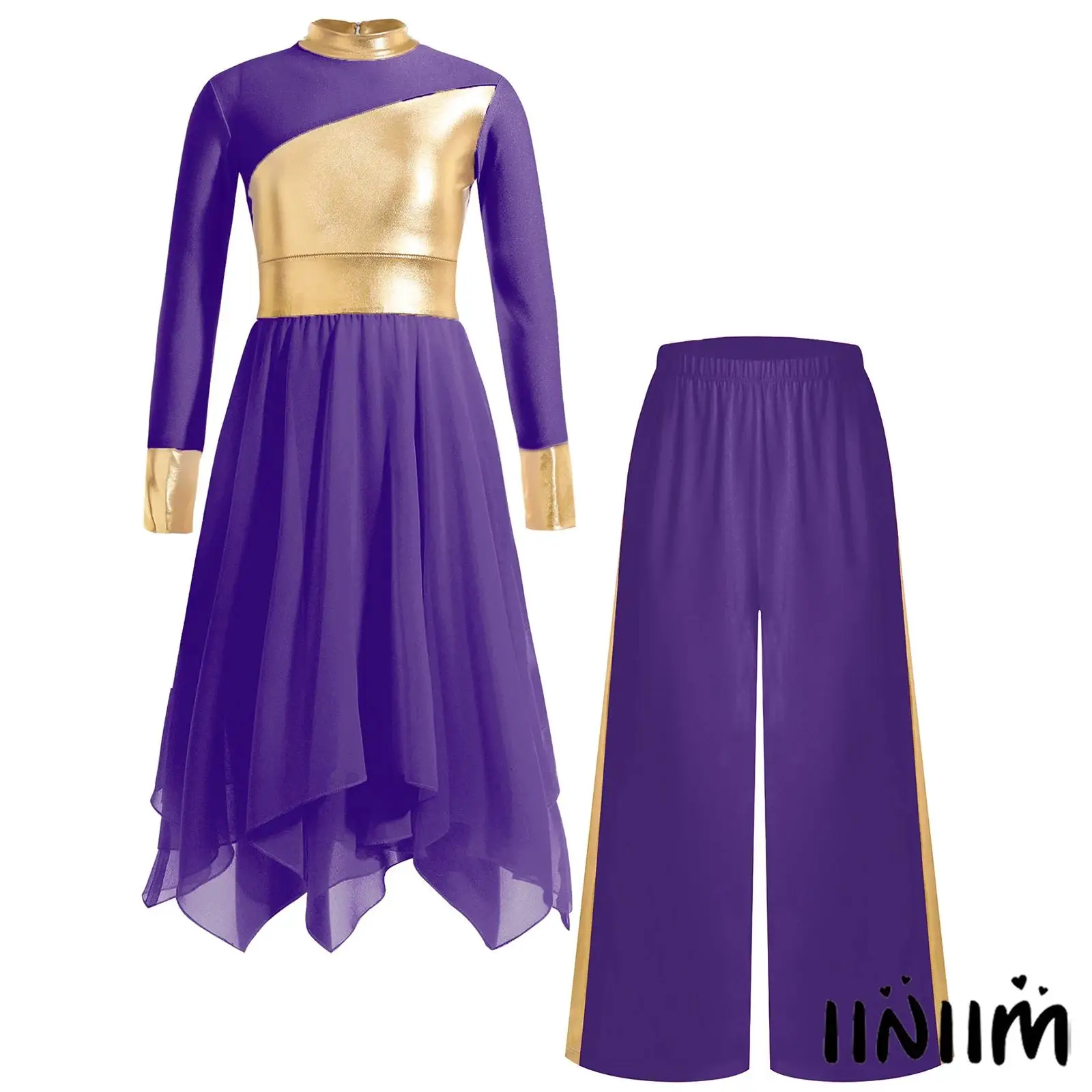 

Kids Girls Liturgical Dance Outfit Long Sleeve Metallic Patchwork Zipper Closure Dress with Wide-Leg Pants for Choir Performance