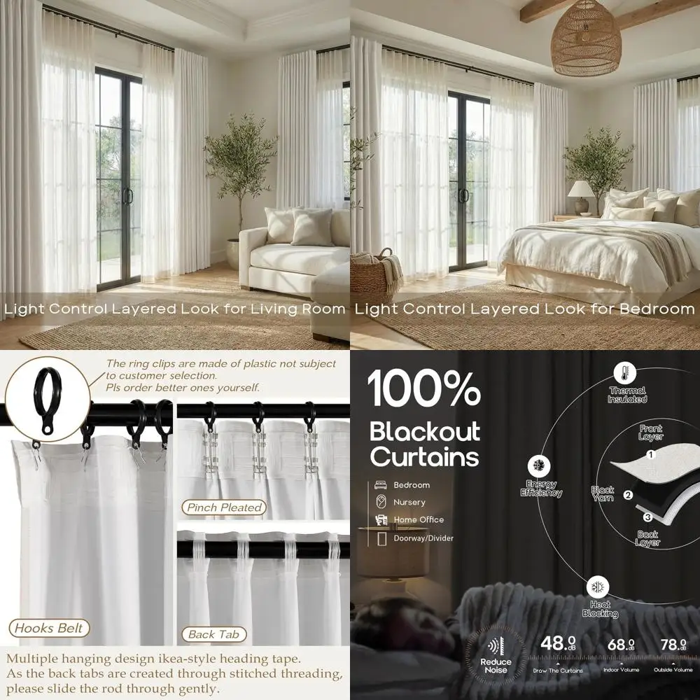 

Pleated Linen Blackout Curtains, 2-Panel Set, 105 Length, Cream for Living Room