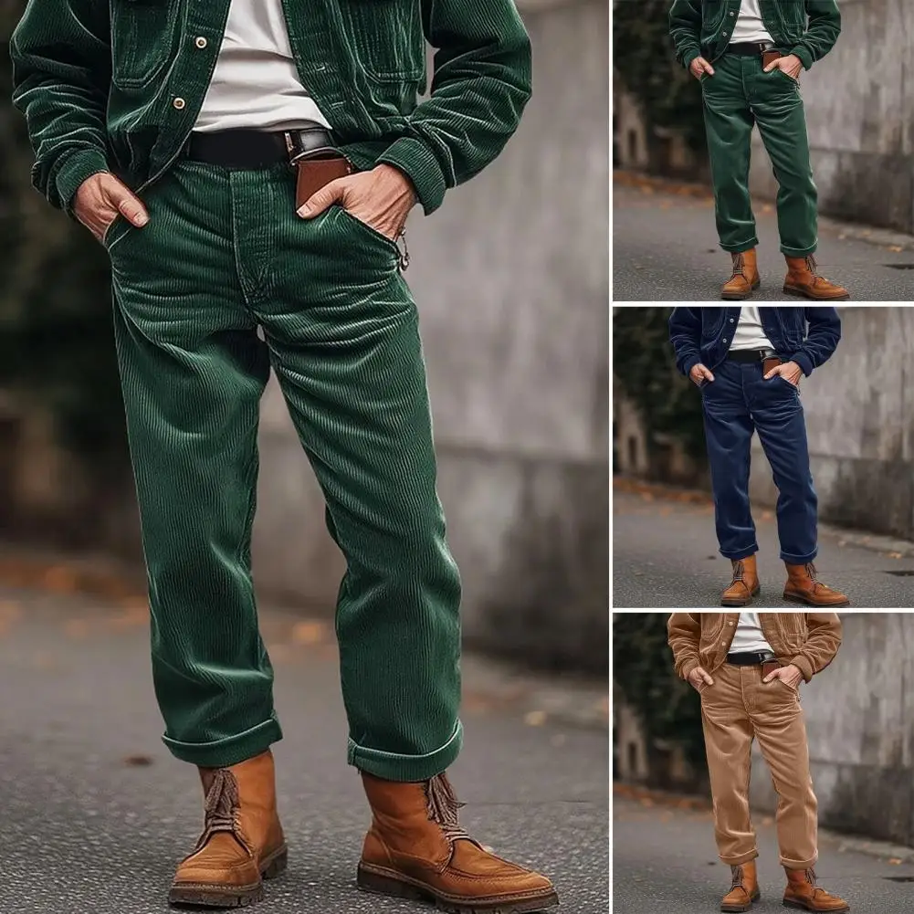 Men Corduroy Pants With Pockets Button Zipper Closure Solid Color Business Style Loose Mid Waist Casual Outdoor Trousers