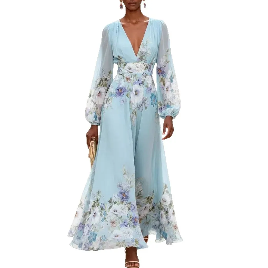 Spring Summer Women's Sheer Long Sleeve Digital Floral Print Maxi Dress Elegant Dresses Evening Outfit Blouse Top - view 5