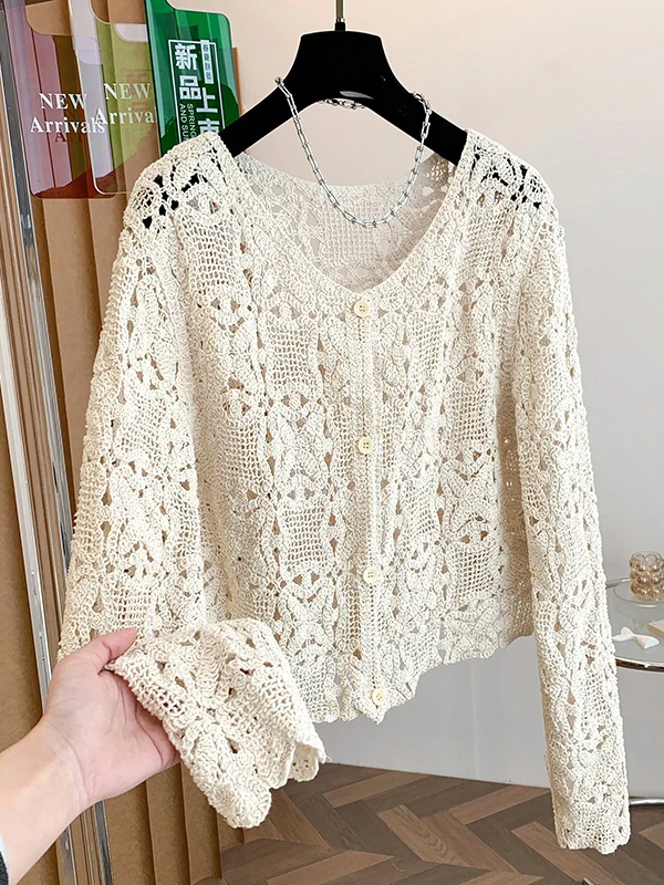 

Spring New n Travel Photoaphy Hollow out Long Sve irt Versatile Women's plus Size Outerwear Cardigan for Casual...