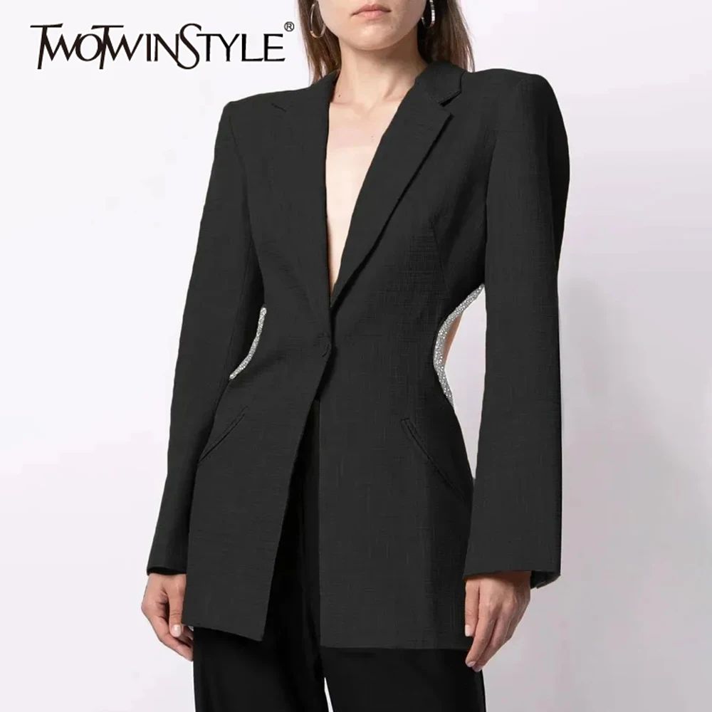 

TWOTWINSTYLE Backless Blazers For Women Notched Collar Long Sleeve Slim Temperament Autumn Blazer Female Fashion Clothing 2023