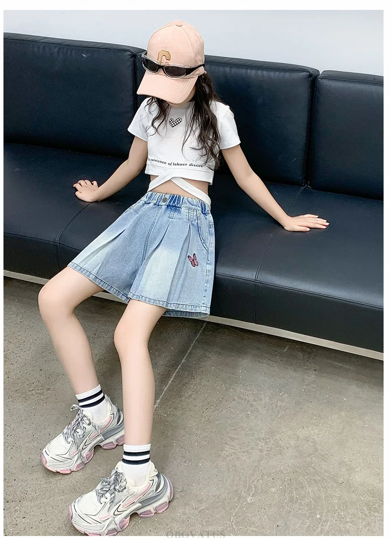 Modische Mädchen-Sommer-Denim-Shorts mit Schmetterling, elegante, modische, plissierte Shorts für Kinder und Teenager, lässige knielange Jeanshose, Größe 5-14 – Detail 7