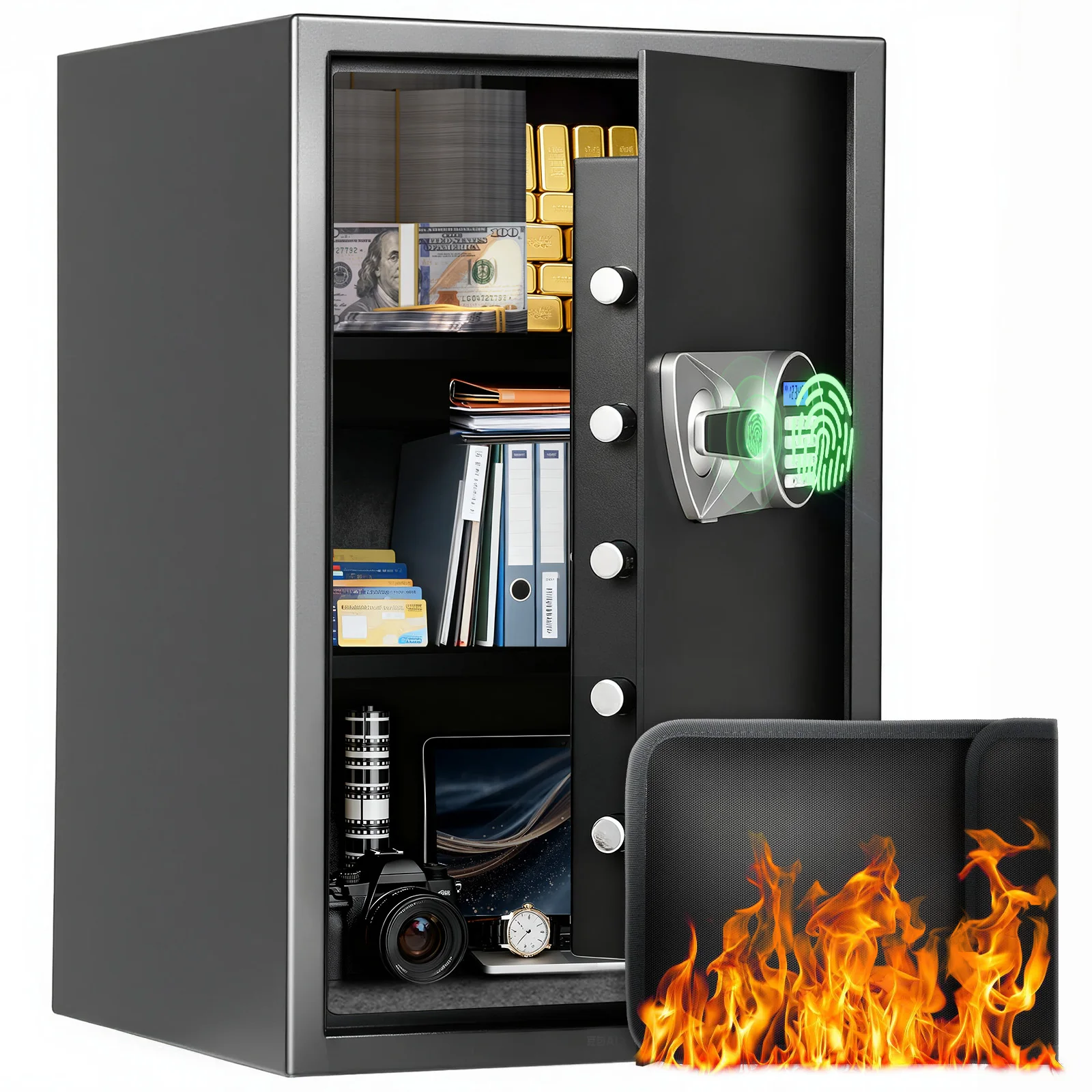 

BlackSmith 2.2/2.7/3.9Cub Fingerprint Security Safe with LCD Display Dual Alarm Adjustable Shelves Wall Mount Large Home Safe