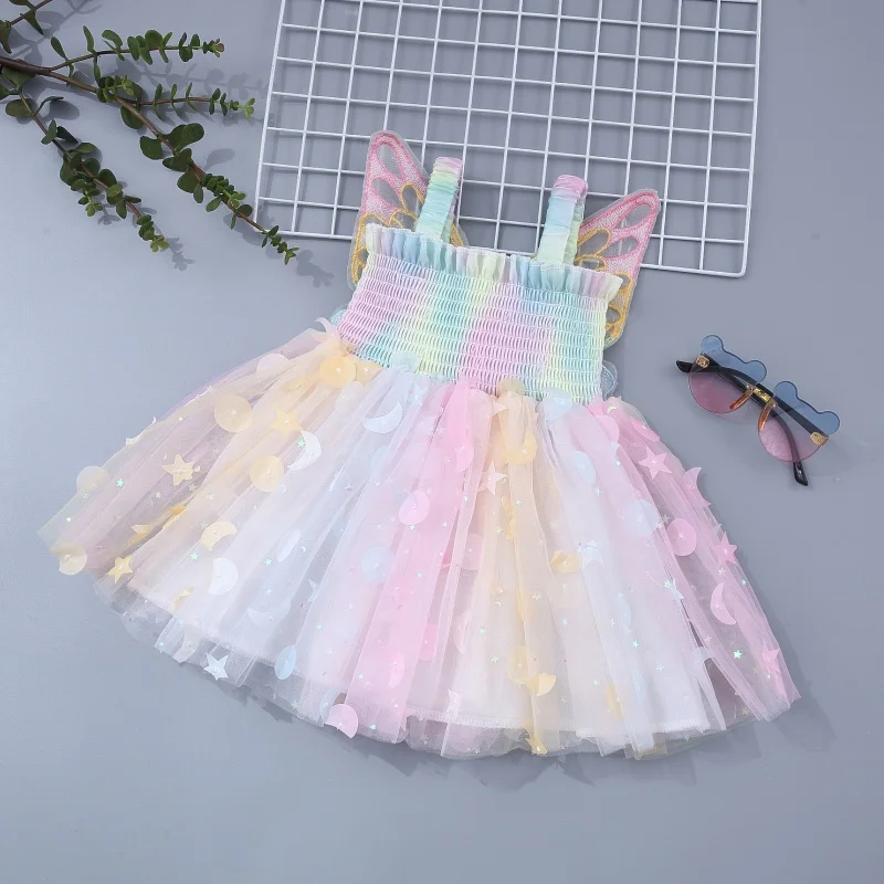 Summer New Baby Girl Dress Girls\' Strap Colorful Mesh Butterfly Wings Beach Birthday Party Princess Dress 0-3 Years