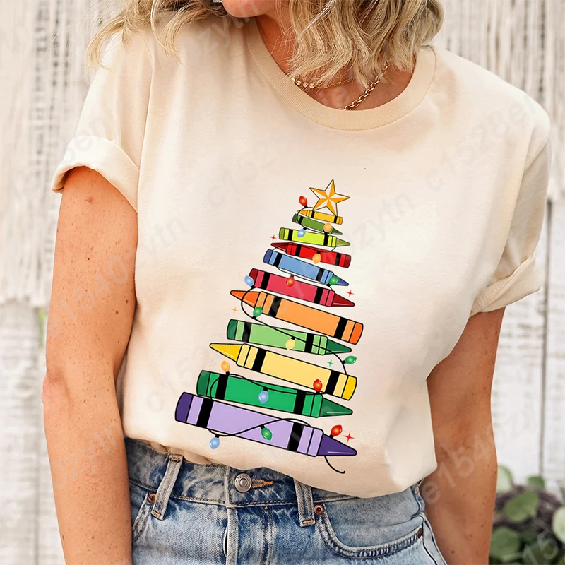 Christmas Light Teacher Crayon Tree Print T-shirt Women Summer Lovely Short Sleeve Casual Round Neck Tees Ladies Pure Color Tops