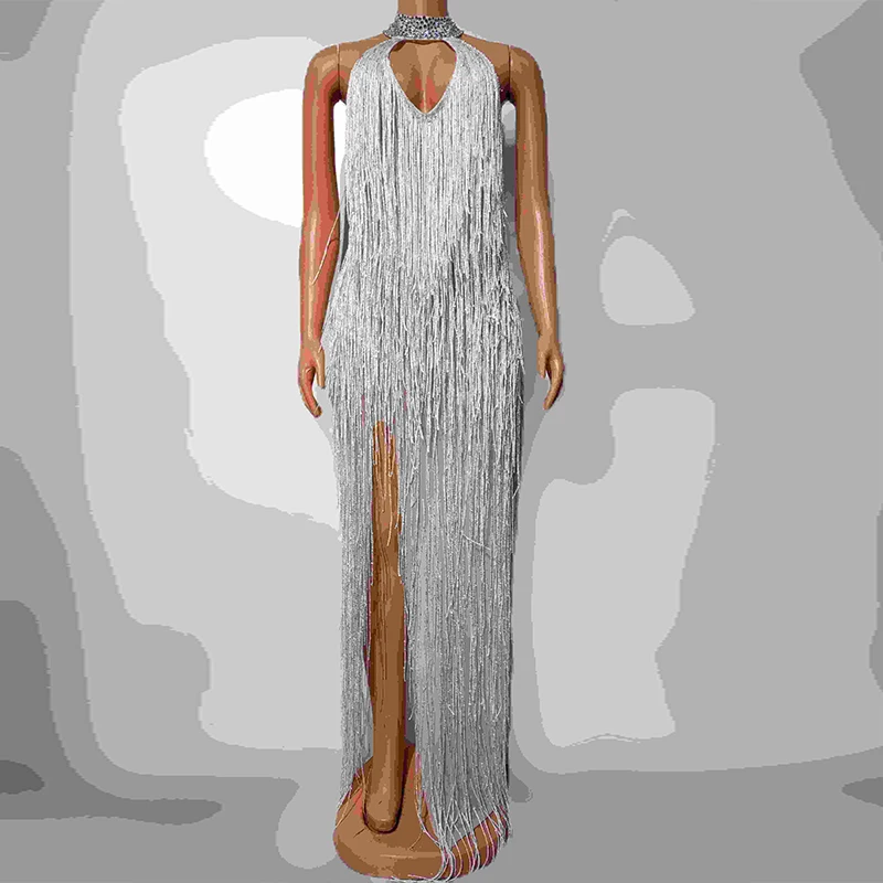 

Birthday Party Outfit Full Fringe Long Dresses Women Stage Clothes Sexy Rhinestone Nightclub Costume Gogo Show Clothing VDL2539
