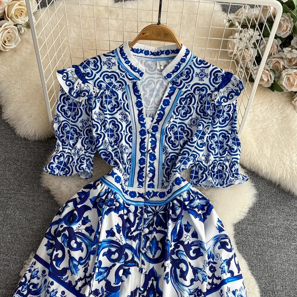 Brand Designer Blue And White Porcelain Dress Summer Women\'s V Neck Ruffles Short Sleeve Flower Print Beach Mini Vestidos Party