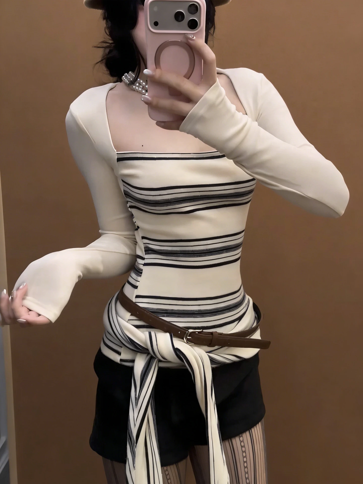 

Американский стиль, сексуальный, цветной, в полоску, длинный, облегающий женский базовый топ с узлом, подходит для прогулок